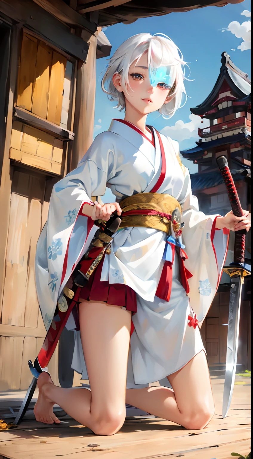 {{{masterpiece}}}, {{{best quality}}}, {{ultra-detailed}}, {illustration}, {{an extremely delicate and beautiful}},(Edo townscape),1girl,smile, cute girl, solo, japanese clothes,short hair, (white hair:1.5),weapon,( sword:1.2), brown eyes, looking at viewer, kimono,(Clothes come off:1.5), brown hair, lips, hand on hip,( sheath:1.2),( katana:1.3), full body, closed mouth, sheathed, hand up,(upskart:1.5),(white panties:1.2),(Kneeling:1.3)