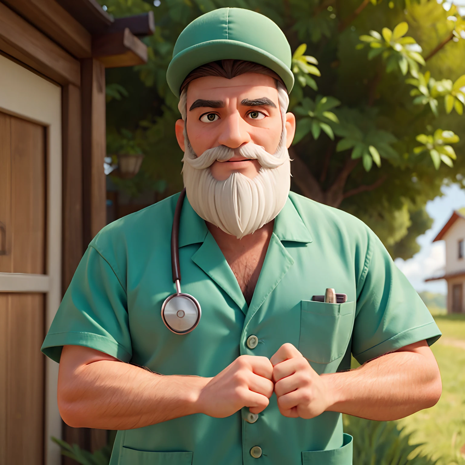 Man veterinarian doctor rural, olhos verdes, barba, Feliz