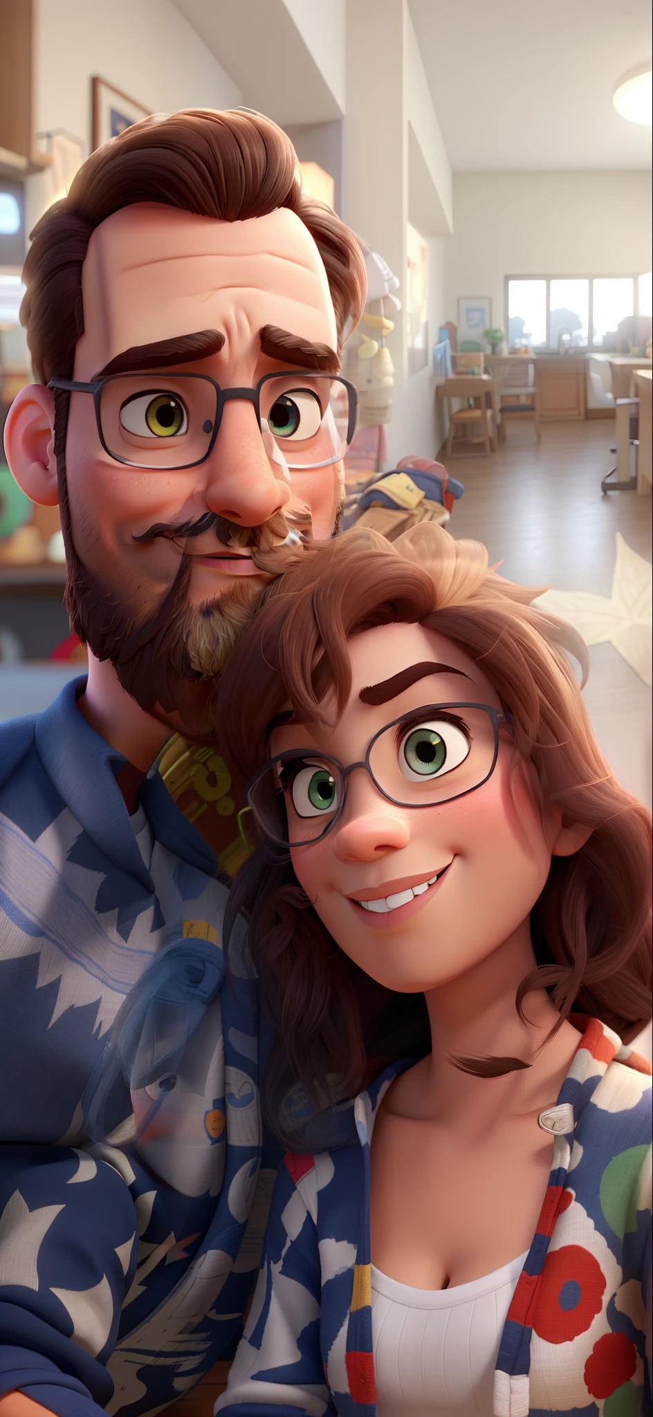 "Um casal ao estilo da Pixar, alta qualidade, best quality, e homem de olhos castanhos com barba fechada."