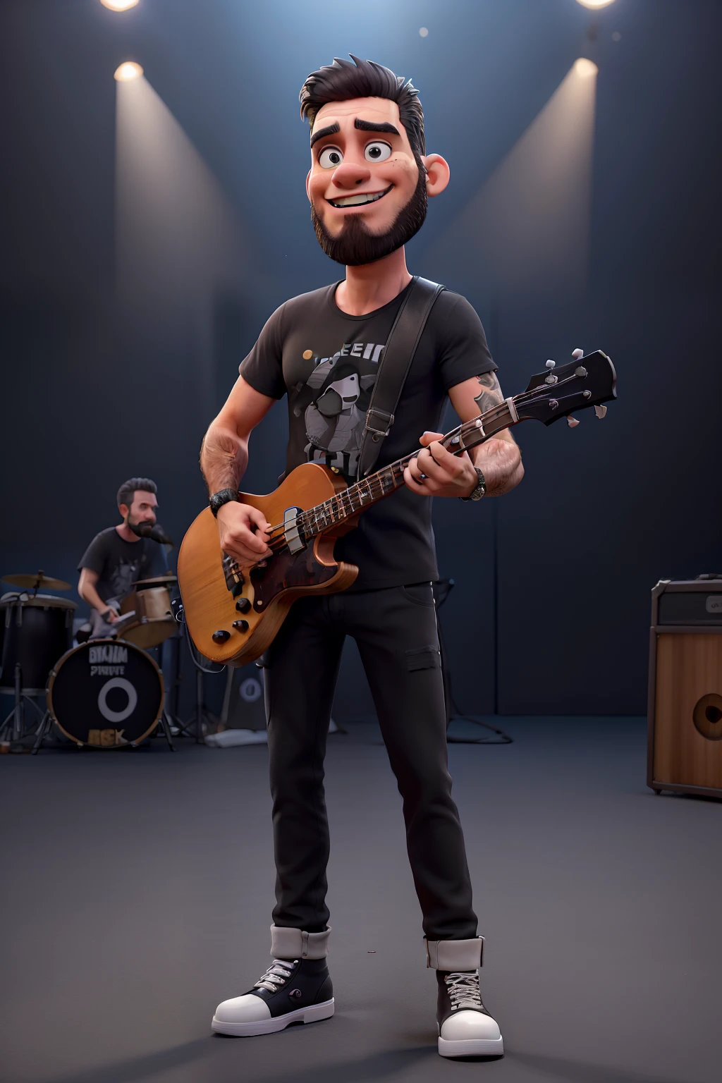 Um show de rock da melhor qualidade, homem branco 37 anos, tem cabelos pretos, barba preta, tem olhos castanhos, It's serious, He's wearing a black Guns N' Roses shirt, black pant, sapato preto, Is holding a bass