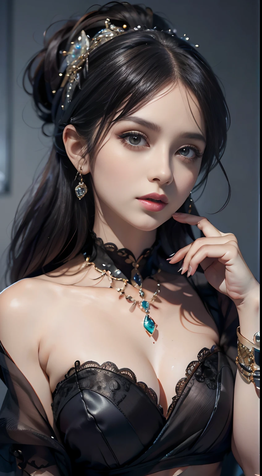 tmasterpiece,Highest image quality,Beautiful bust of a royal lady,Delicate black hairstyle,Amber eyes are clear,Embellished with a dazzling array of intricate jewelry,super detailing,upscaled。