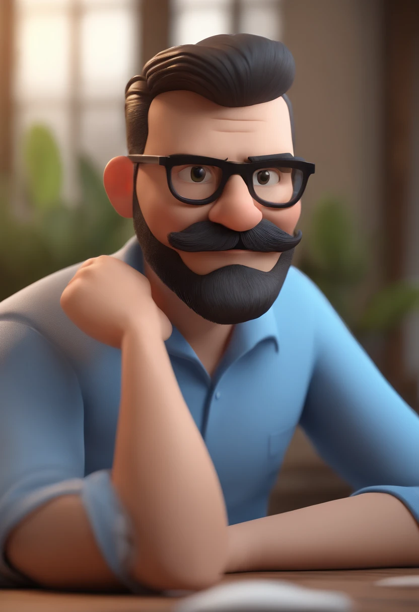 Cartoon character of a man wearing black glasses and a blue shirt, um personagem animado, Caractere estilizado, animation style rendering, 3D estilizado, Arnold Maya render, 3 d render stylized, toon render keyshot, Personagem 3D, Personagem 3D, 3d rendering stylized, 3 d character render, personagem de desenho animado, Personagem de close up, Pose de personagem, (Estilo Pixar) (master part:1.2) (Bokeh) (best quality) (pele detalhada) (textura detalhada) (8k) (argila) (Cinematic lighting) (foco nítido,Sits and empties upper body in an ENT doctor's office with a beard and mustache