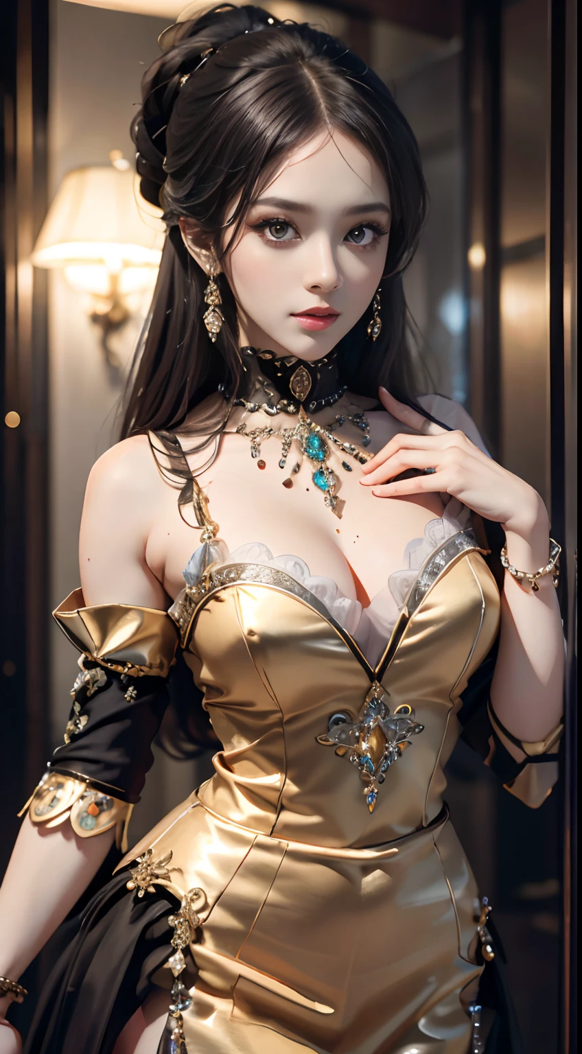 tmasterpiece，Highest image quality，Beautiful bust of a royal lady，Delicate black hairstyle，Amber eyes are clear，Embellished with a dazzling array of intricate jewelry，super detailing，upscaled。