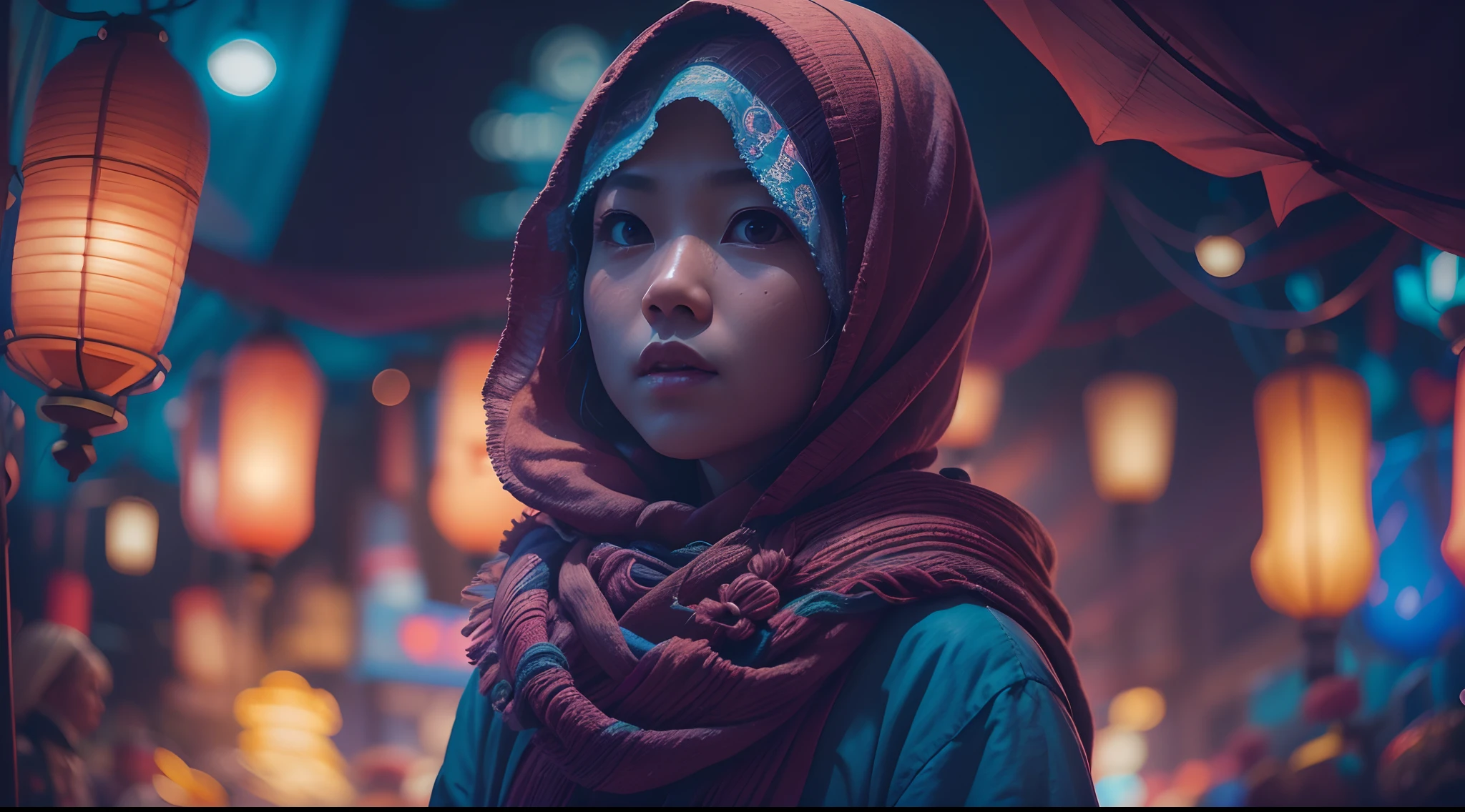 Create a scene in an otherworldly night market filled with mystical stalls and glowing lanterns. The Malay girl is navigating the market's mysteries and wonders. Prores lens, Low angle shot, blue color grading, cinemascope, natural light, Dynamic shadows, horror film, high quality, ultra detail, 8k, using Panavision DXL2 camera.