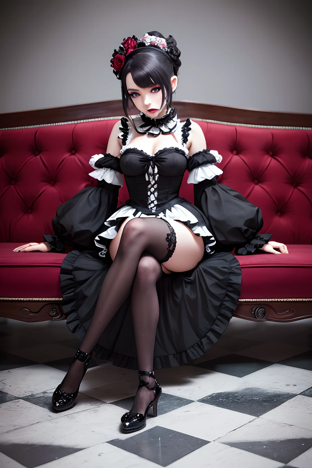 Sit in a plush chair,25-years old,1 female,Dark Green Gothic Lolita Fashion,Green tights,Subjective foot,(Sit down and open your crotch:1.0),(1 pussy),(1 Vagina),(Stand on one knee),(I'm not wearing pants),