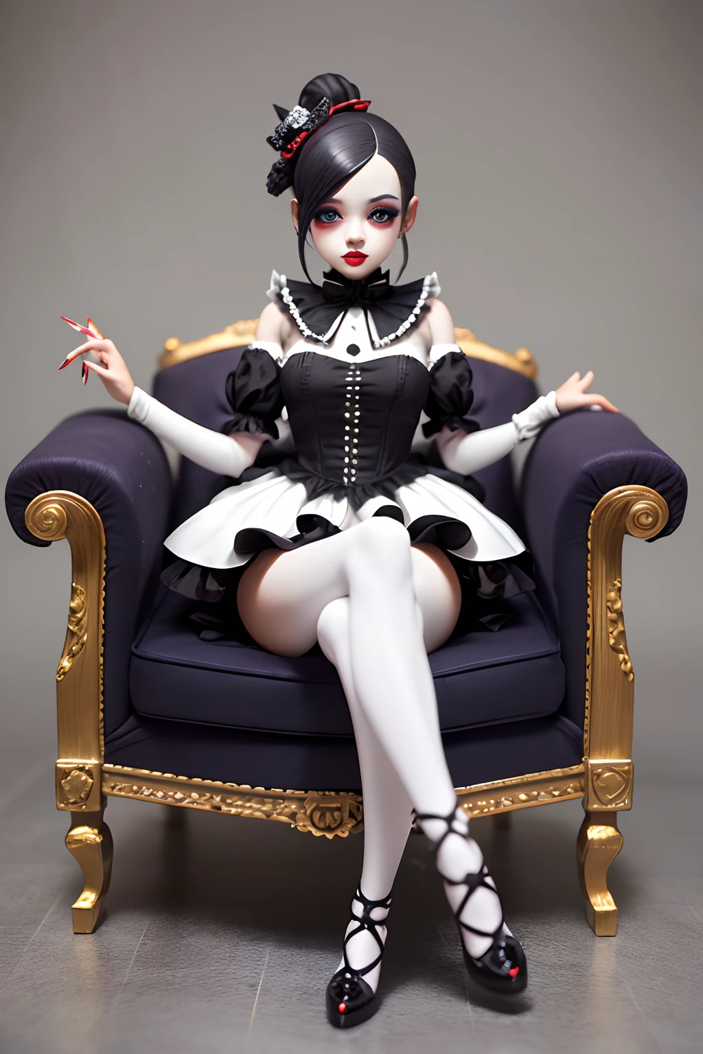 arafed woman ((Czech casting)) in a black and white outfit sitting on a floor, a portrait inspired by Ray Caesar, tumblr, pop surrealism, goth clown girl, intricate clown makeup, intricate clown costume, clown girl, creepy clown girl, natalie shau, jester themed, jester, adrian borda, cutecore clowncore, portrait of circus artist, avant garde fashion model pop up parade figure, seductive anime girl, anime figure, (anime figurine), seductive. highly detailed, aoshima chiho, ( highly detailed figure ), pvc figurine (sofa )