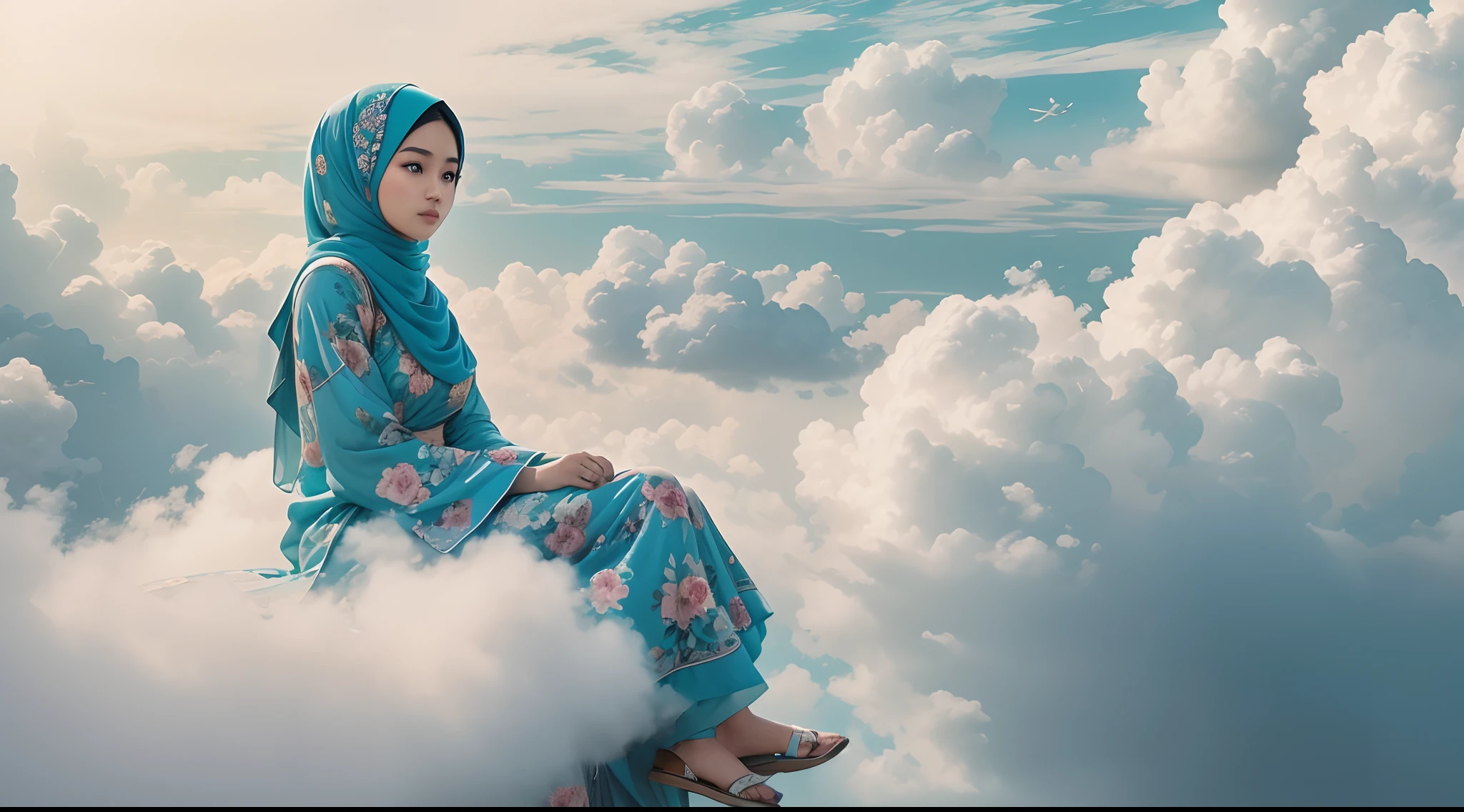 Capture the Malay girl in blue hijab and floral pattern baju kurung sitting on a fluffy cloud high in the sky. The cloud acts as her personal retreat in the sky, suspended above the world below, 28mm lens, Establishing shot, muted color grading, cinemascope effect, high quality, using Panavision DXL2 camera,