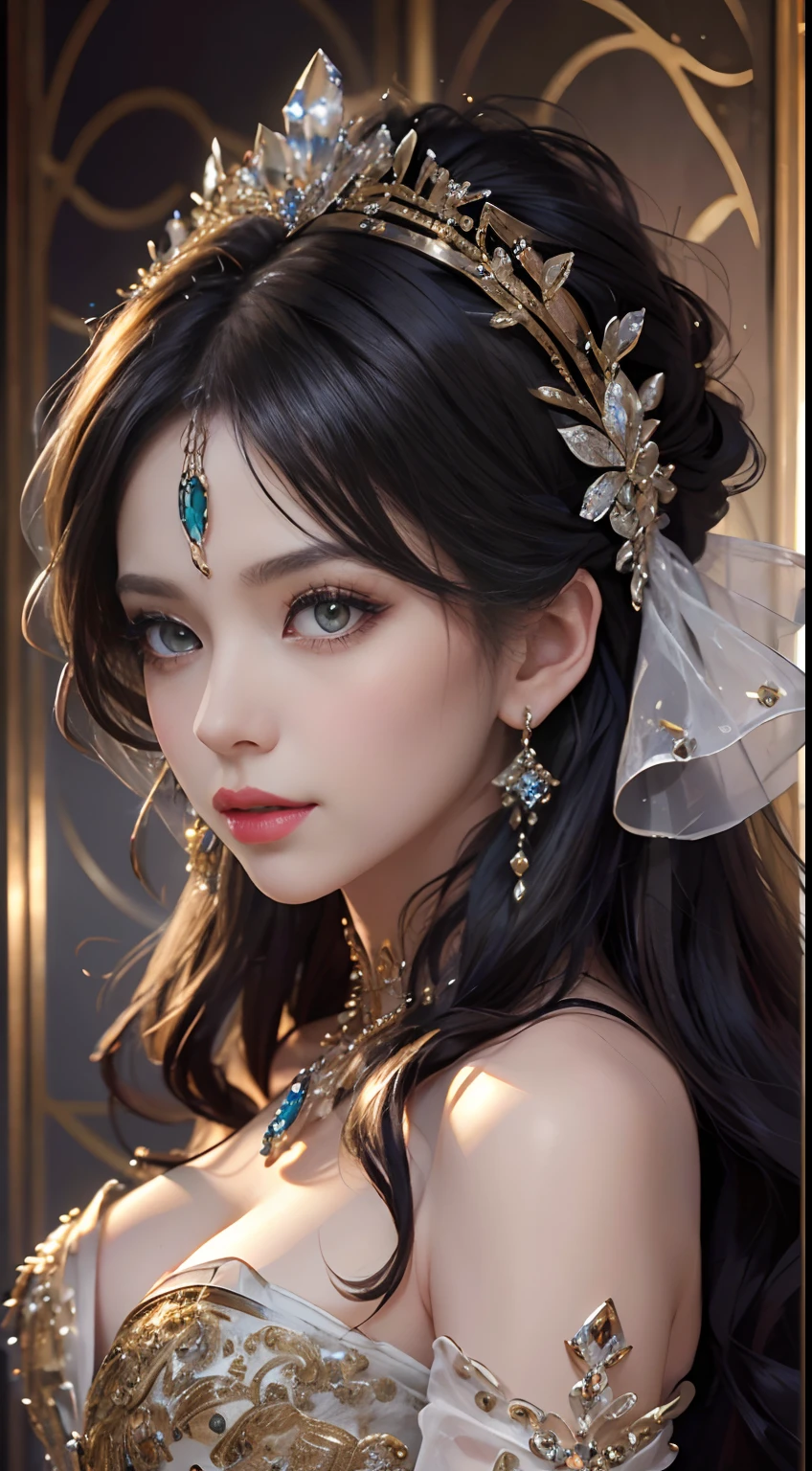 tmasterpiece，Highest image quality，Beautiful bust of a royal lady，Delicate black hairstyle，Amber eyes are clear，Embellished with a dazzling array of intricate jewelry，super detailing，upscaled。