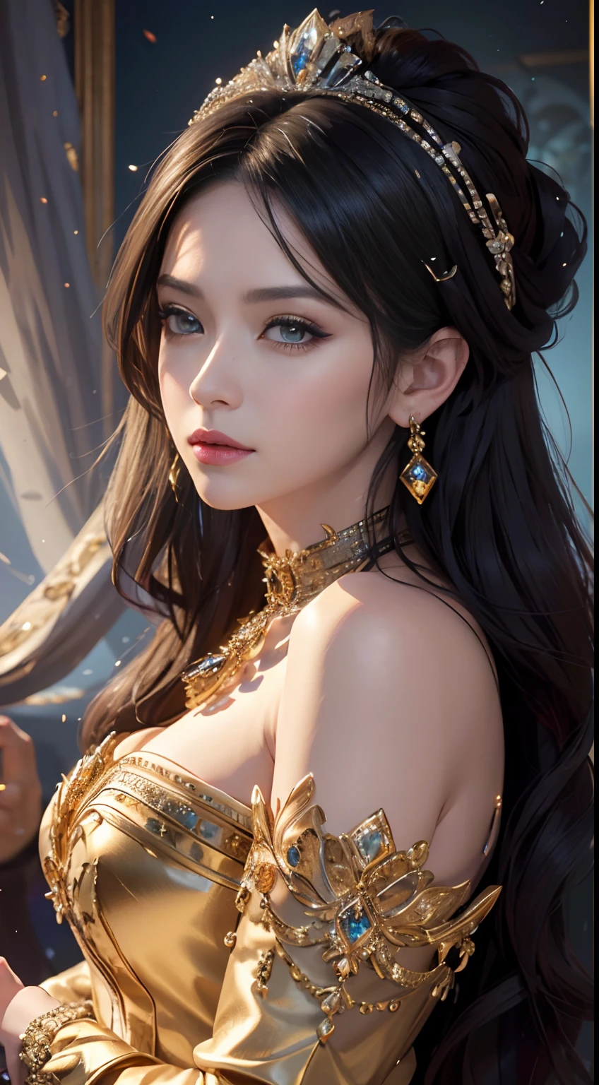 Portrait of a 27-year-old saint, ((Saint without clothes:0.7)), ((bare chest:0.5)), beautiful saint with an old face, adult, wearing a thin multicolored silk dress, beautiful face without blemishes, (((Closed smile:1.3))), ((7-color hair length:1.2)), big crown, hair brooch, hanfu dress, chinese ancient style, full body jewelry, forehead tattoo, super even chest, face, innocent face, The most beautiful and detailed light red lipstick, ((Thin plump lips:0.3)), ((Golden Eyes color:0.6)), Detailed and delicate lighting effects, light and dark, dramatic lighting, magical light, extremely detailed light, true color, super sharp, realistic, 8k quality, fantasy universe background, saints and magical space, the most detailed images, ((Solo:0.3)), ((a saintess:0.6)), ((looking directly at the saint's upper body:0.4)), ((smooth skin:0.5)), ((the holy woman's veil:0.6)),