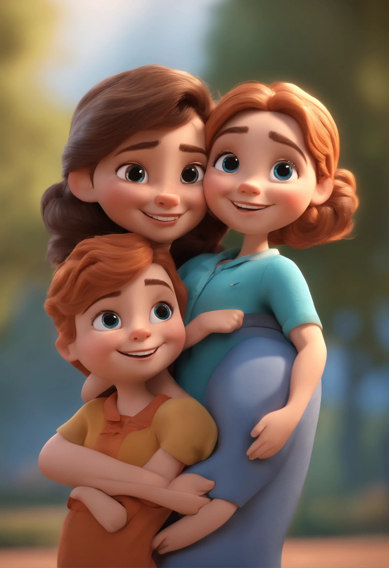 Three sisters hugging each other, uma mais velha, uma mais nova e a do meio, They Smiling Animation Character, Caractere estilizado, animation style rendering, 3D estilizado, Arnold Maya render, 3 d render stylized, toon render keyshot, Personagem 3D, Personagem 3D, 3d rendering stylized, 3 d character render, personagem de desenho animado, Personagem de close up, Pose de personagem, (Estilo Pixar) (master part:1.2) (Bokeh) (melhor qualidade) (pele detalhada) (textura detalhada) (8k) (argila) (Cinematic lighting) (foco nítido
