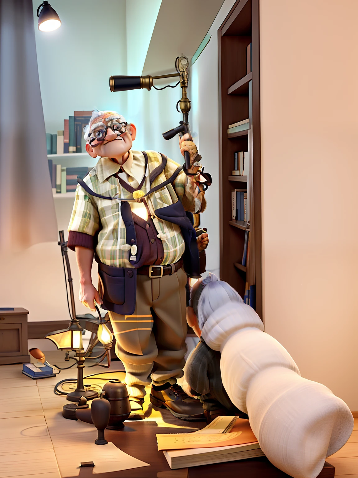 A wise old man standing in front, illuminated by the light of a lamp, against the backdrop of a library