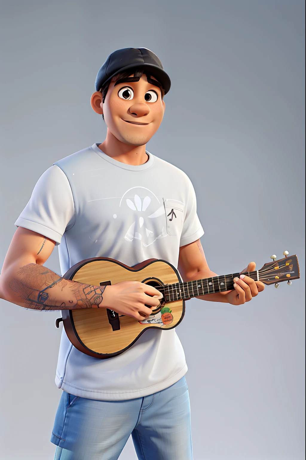 A man with all the features and textures of Disney Pixar, adulto, with black cap, tocando cavaquinho, alta qualidade, melhor qualidade, camiseta branca