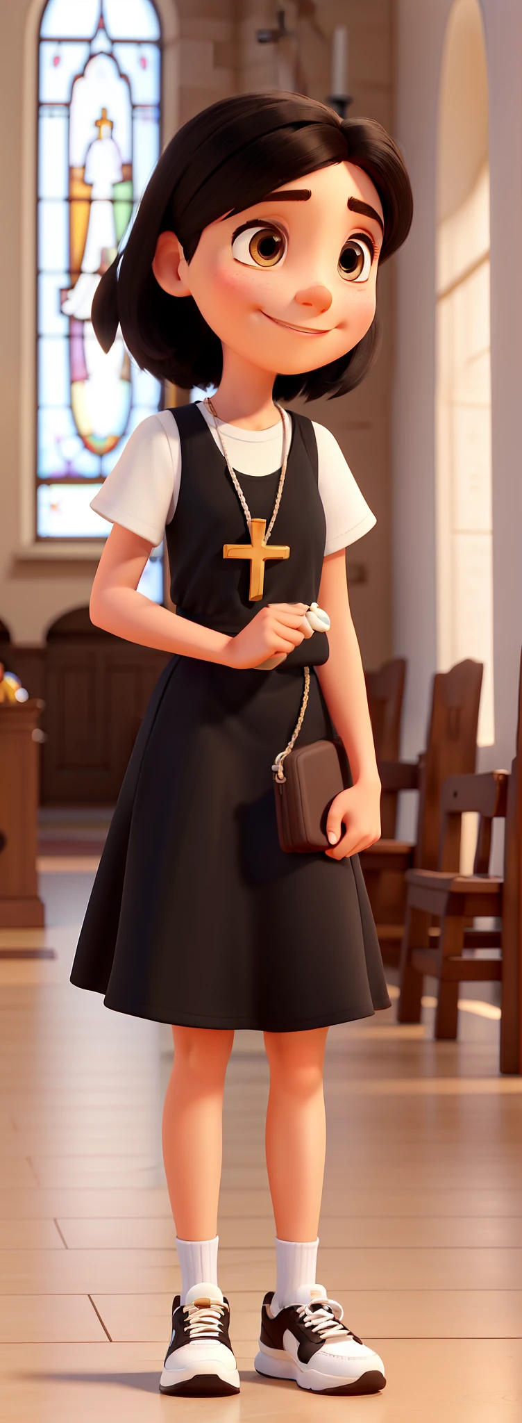 pixar style image. a white woman, short, brown eyes, shoulder-length straight black hair. In a brown dress with black and sneakers and white. Holding a rosary in her hand and a beautiful smile on her face. in front of a Catholic church.