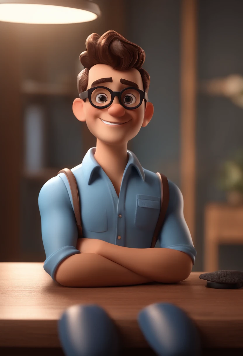 Cartoon character of a young man wearing round gray glasses and a blue shirt, um personagem animado, Caractere estilizado, animation style rendering, 3D estilizado, Arnold Maya render, 3 d render stylized, toon render keyshot, Personagem 3D, Personagem 3D, 3d rendering stylized, 3 d character render, personagem de desenho animado, Personagem de close up, Pose de personagem, (Estilo Pixar) (master part:1.2) (Bokeh) (best quality) (pele detalhada) (textura detalhada) (8k) (argila) (Cinematic lighting) (foco nítido,Sits and empties upper body in a dental office alone