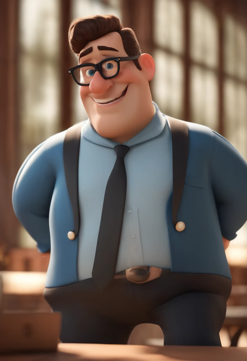 Cartoon character of a man wearing black glasses and a blue shirt, um personagem animado, Caractere estilizado, animation style rendering, 3D estilizado, Arnold Maya render, 3 d render stylized, toon render keyshot, Personagem 3D, Personagem 3D, 3d rendering stylized, 3 d character render, personagem de desenho animado, Personagem de close up, Pose de personagem, (Estilo Pixar) (master part:1.2) (Bokeh) (best quality) (pele detalhada) (textura detalhada) (8k) (argila) (Cinematic lighting) (foco nítido,Senta e vaza a parte superior do corpo