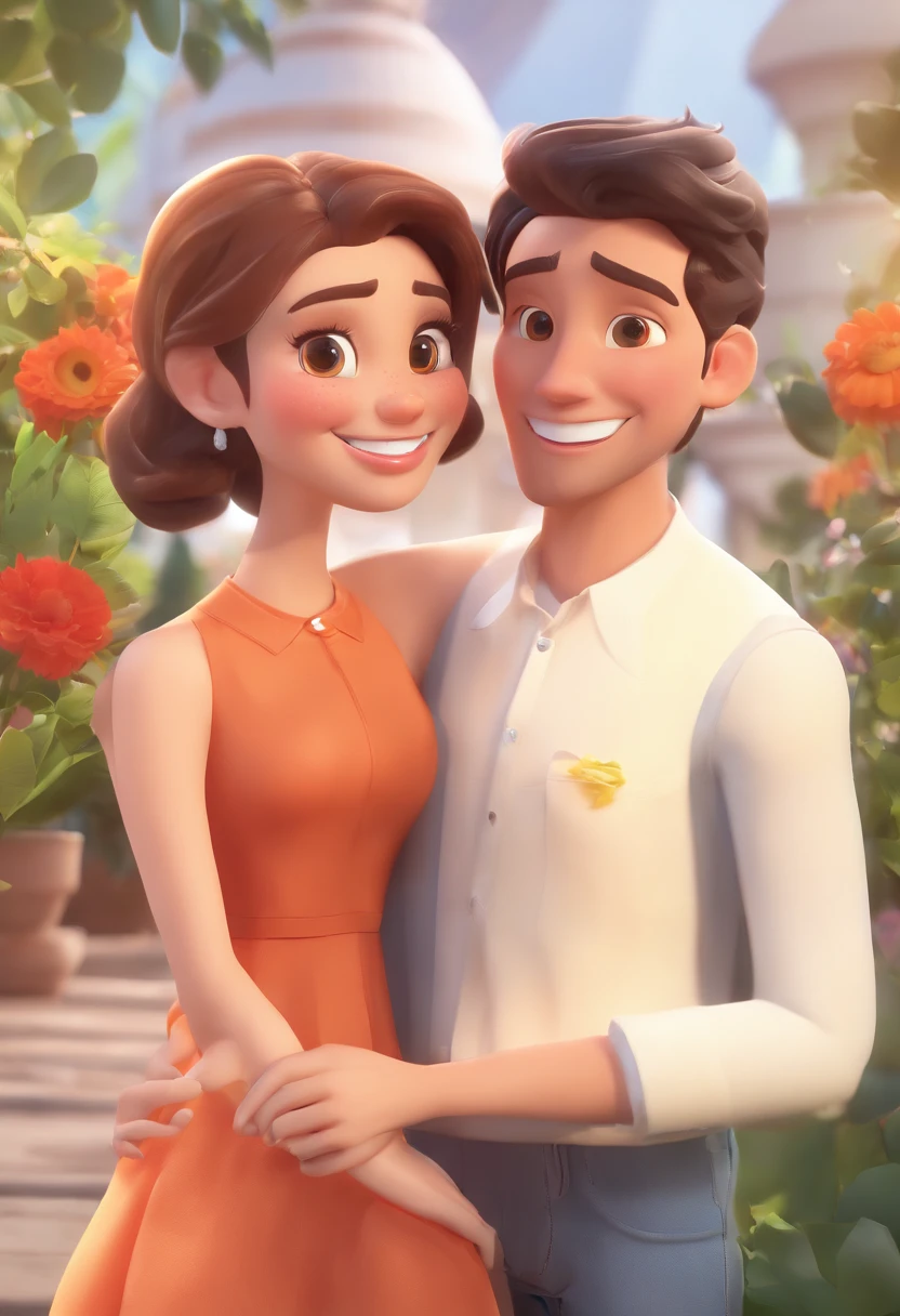 An illustration of an adorable couple, Highlighting a man and a woman with beautiful expressive eyes – the man's skin is white and the man's hair is straight and black of medium size, The woman's skin is white and the hair is straight, Medium size and brown. They are a bright room, cada um com um sorriso no rosto, e compartilhar um momento especial caracterizado pelo amor, Insights. Illustrate this scene from a perspective where they are facing the camera, Smiling and Showing Your Connection. Desenvolva esta arte em Full HD, Focus on your cinematic touch, Estilo Disney Pixar Animations