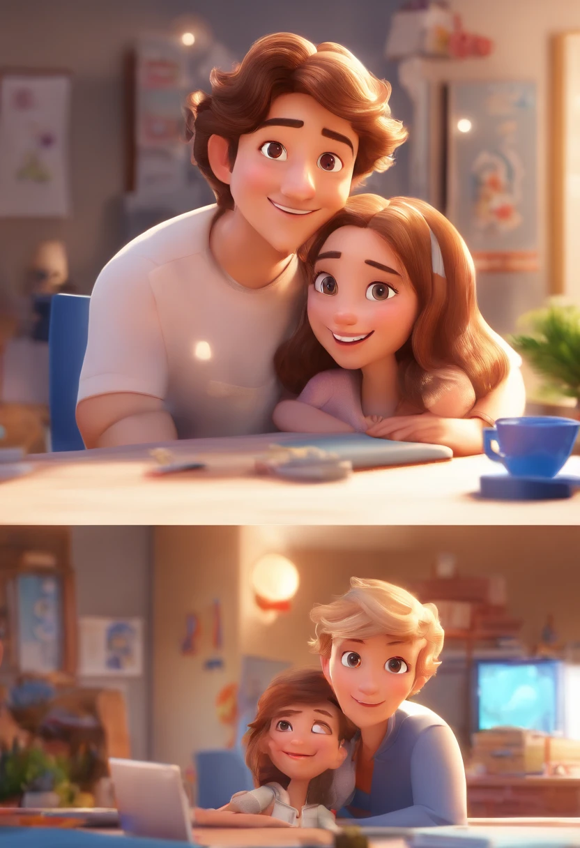 An illustration of an adorable couple, Highlighting a man and a woman with beautiful expressive eyes – the man's skin is white and the man's hair is straight and black of medium size, The woman's skin is white and the hair is straight, Medium size and brown. They are a bright room, cada um com um sorriso no rosto, e compartilhar um momento especial caracterizado pelo amor, Insights. Illustrate this scene from a perspective where they are facing the camera, Smiling and Showing Your Connection. Desenvolva esta arte em Full HD, Focus on your cinematic touch, Estilo Disney Pixar Animations