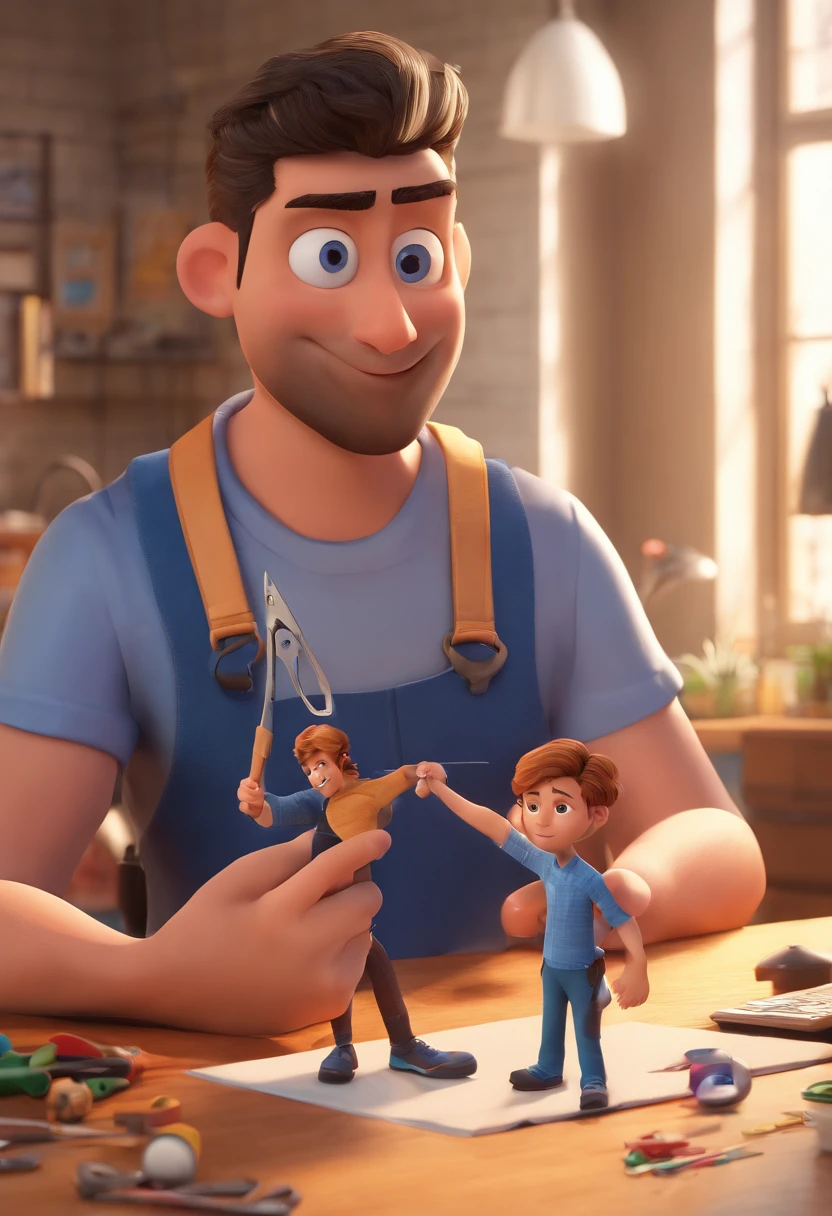 Estilo Pixar: The grown man is holding a naked blue-eyed boy and in his other hand he is holding a pair of scissors and is trying to cut off the boy's testicles,3D Poster,Disney