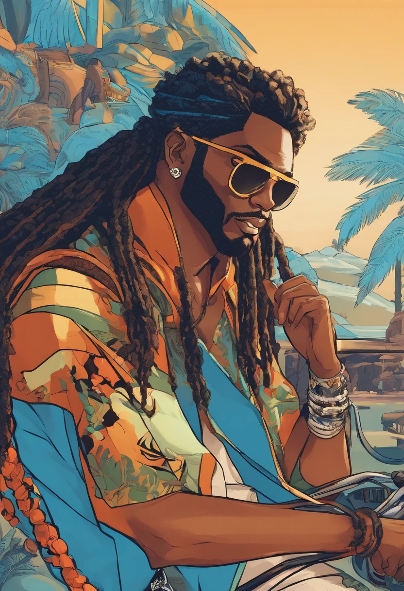 Asian manga style drawing of a black man with sunglasses, um brinco, and long braids. Vestido no estilo rock and roll e pilotando uma motocicleta esportiva azul futurista. In the background, uma bela paisagem de praia.