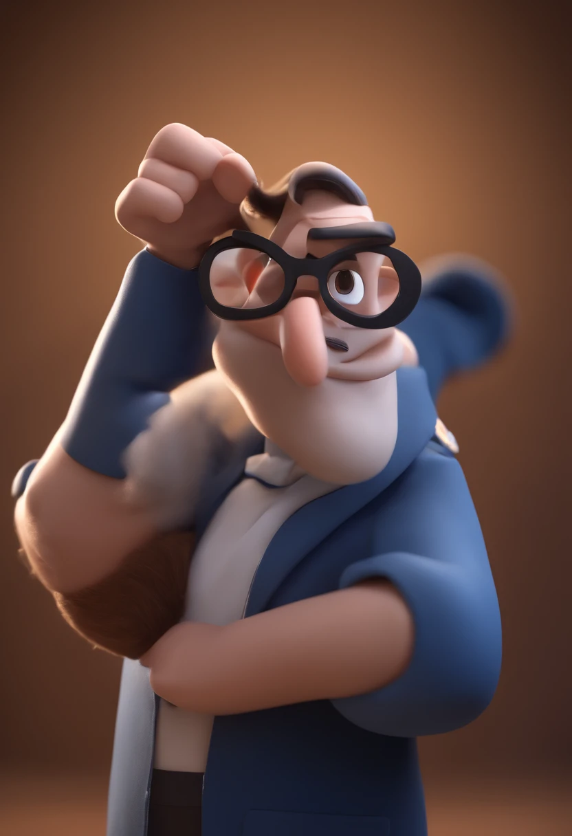 Cartoon character of a man wearing black glasses and a blue shirt, um personagem animado, Caractere estilizado, animation style rendering, 3D estilizado, Arnold Maya render, 3 d render stylized, toon render keyshot, Personagem 3D, Personagem 3D, 3d rendering stylized, 3 d character render, personagem de desenho animado, Personagem de close up, Pose de personagem, (Estilo Pixar) (master part:1.2) (Bokeh) (best quality) (pele detalhada) (textura detalhada) (8k) (argila) (Cinematic lighting) (foco nítido,Sits and empties his upper body in an ENT doctor's office with a beard and bald mustache