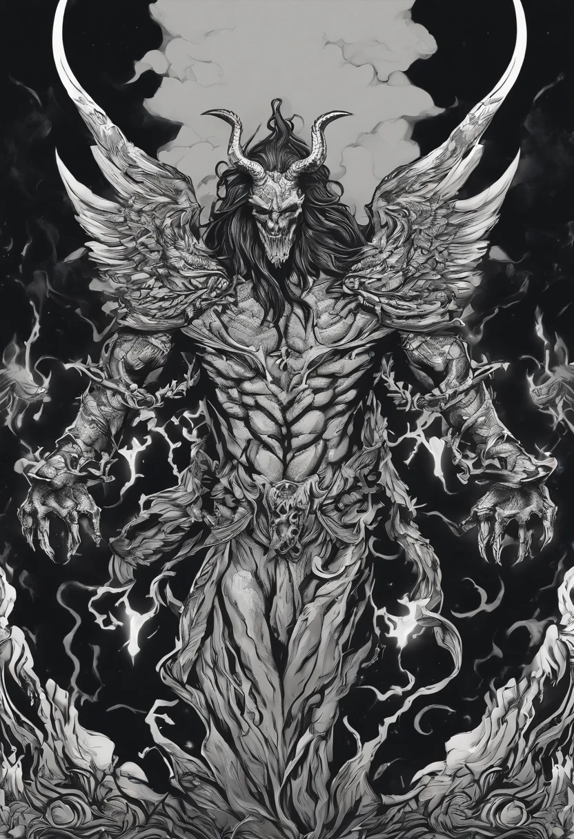/imagine prompt: demon illustration for a sticker with a black background, in bold outline style, jagged edges, trashcore, light shading --v 5.2