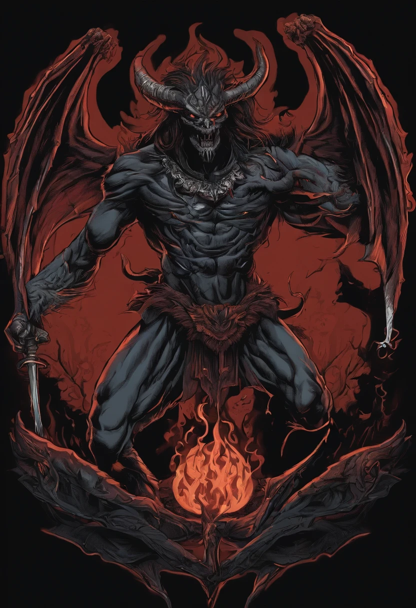 /imagine prompt: demon illustration for a sticker with a black background, in bold outline style, jagged edges, trashcore, light shading --v 5.2