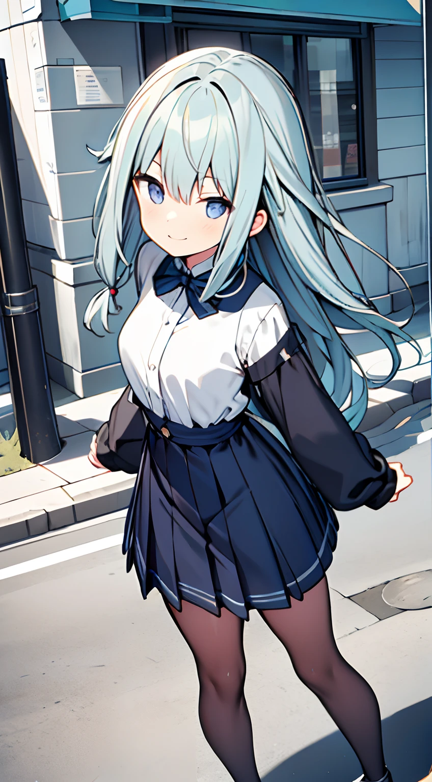 masuter piece, Best Quality,32K、Wallpaper, ultra -detail, Absurd beauty, 1beautiful girl、Big crisp eyes、Hair fluttering in the wind、Slender legs、Make your head smaller、miscievous smile、Angle looking up from below:1.3、♡♡♡、(Poses in motion)、Street:1.2、Angle from the waist up only