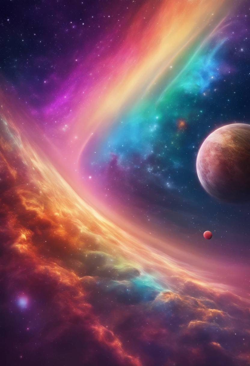uma garotinha sentada nas estrelas e lendo um livro colorido e brilhante, Rainbow Colored Cosmic Nebula Sky Background, Estrelas, Galaxies