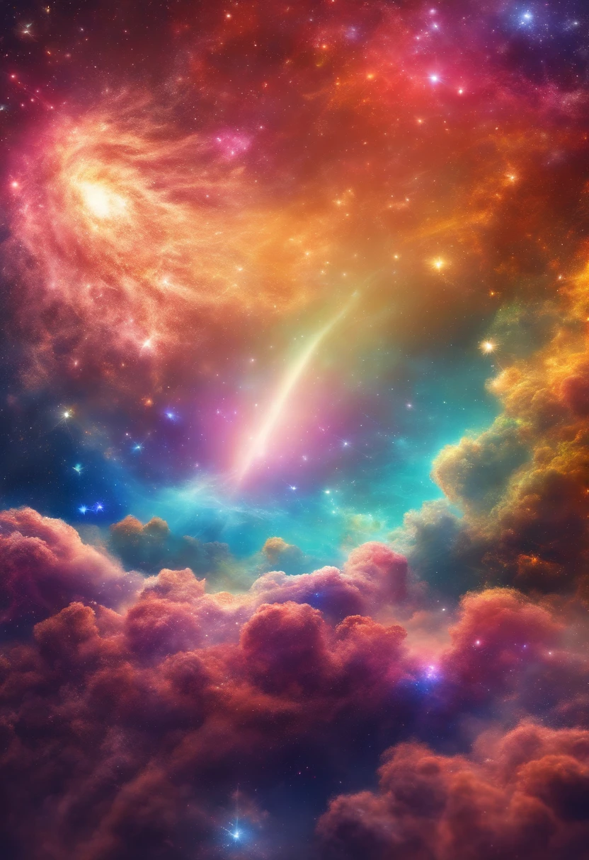 uma garotinha sentada nas estrelas e lendo um livro colorido e brilhante, Rainbow Colored Cosmic Nebula Sky Background, Estrelas, Galaxies