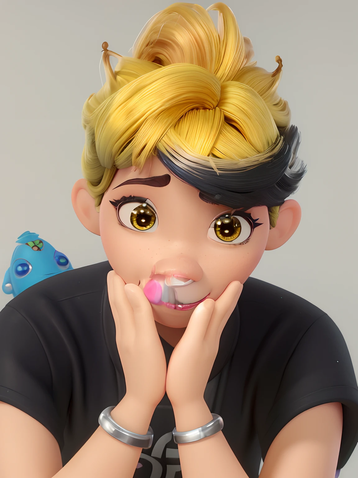 garoto estilo pixar, 3D, Touca amarela, unhas pintadas de preto e rosa e cabelo cacheado com mecha branca
