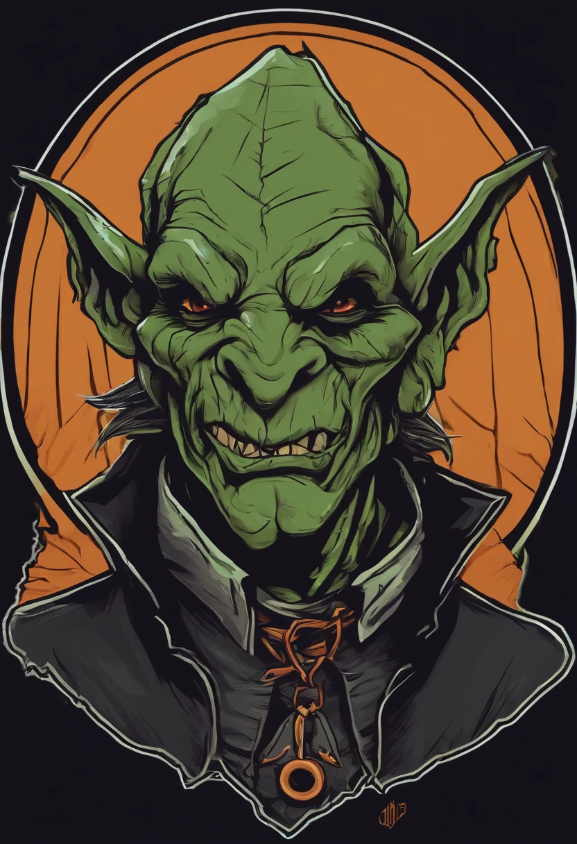 /imagine prompt: evil goblin illustration for a sticker with a black background, in bold outline style, jagged edges, trashcore, light shading --v 5.2