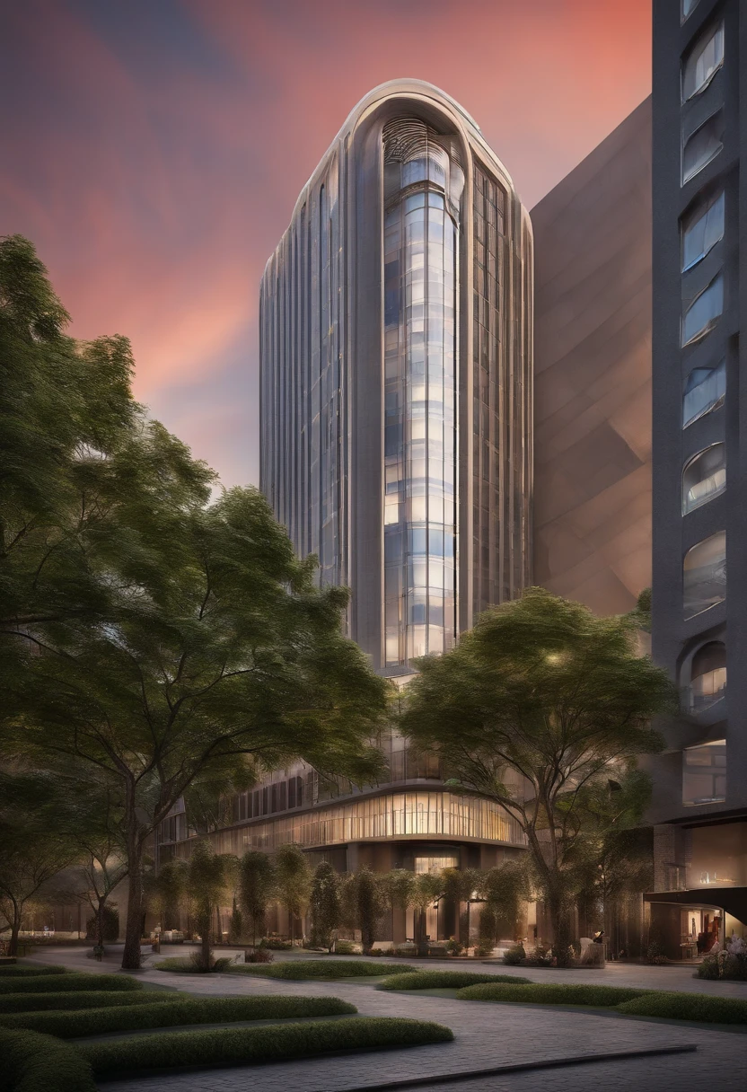 A block from a city where there is a tall building with undulating shapes in which its base is wide and spacious with windows on the ground floor where there are shops and restaurants with tables outside the building. In the rest of the block there is well-distributed landscaping with native Brazilian trees and shrubs and a beautiful floor design surrounding the entire building