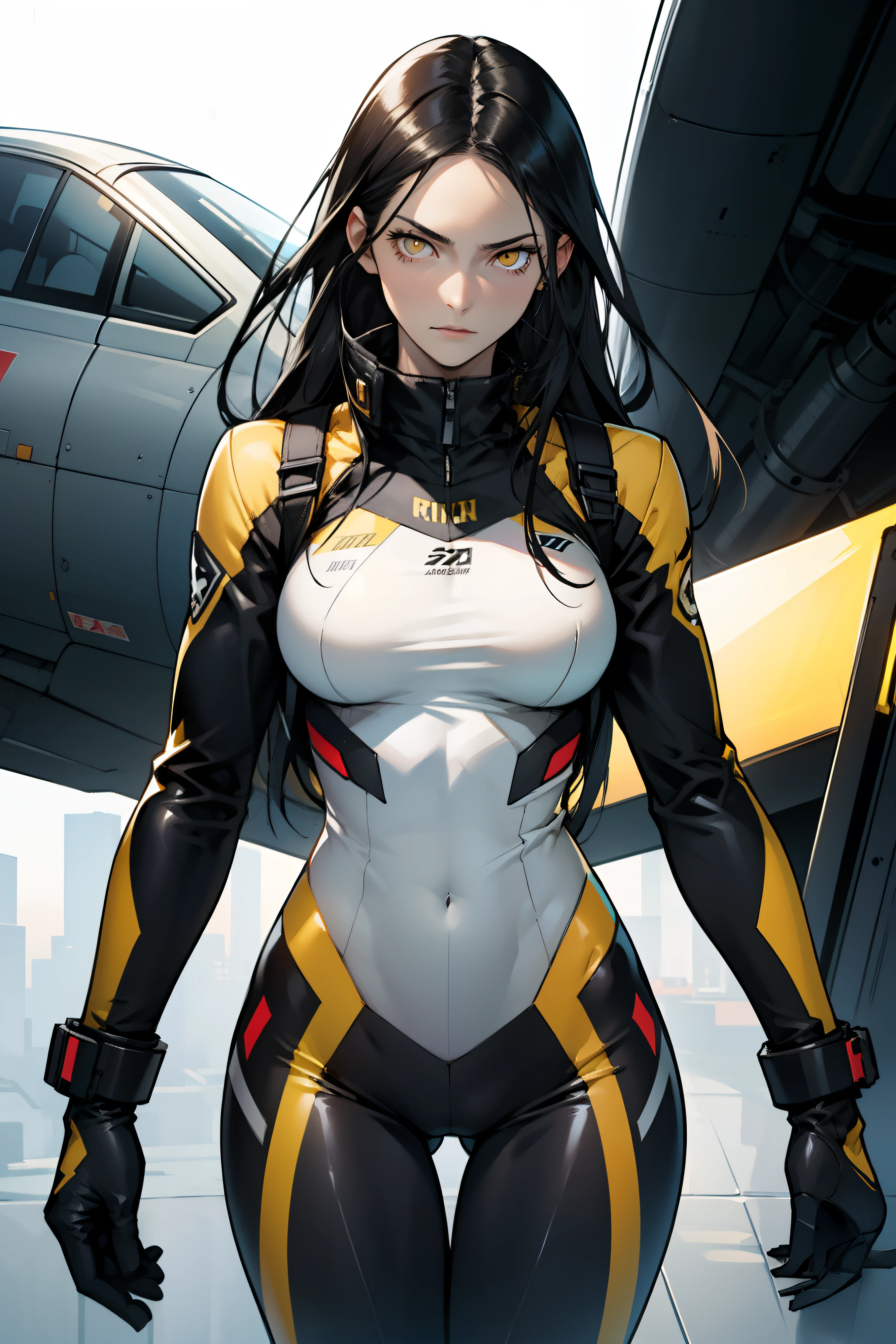 1 girl, black hair, yellow eyes, very long hair, pale skin, fit body, slender body, slim waist, large breasts, (confident expression), pilot suit, thigh gap