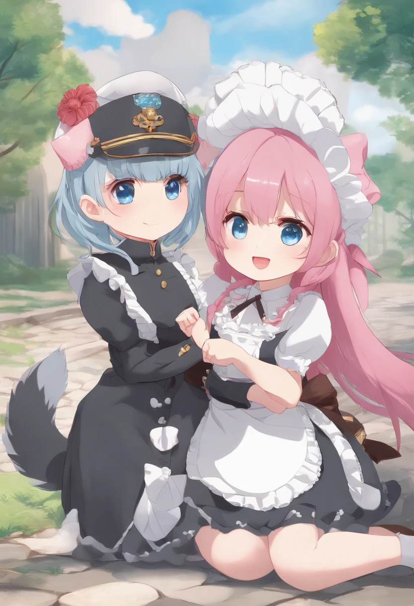 An anime character with pink hair and blue eyes is holding a baby, Twin-tailed, 2 d anime style, anime maids riding early tanks, 2 D Anime, Lori, in ryuuou no oshigoto art style, In live action, cel shaded anime, In a Japanese anime style, anime moe art style, anime cat girl in a maid costume