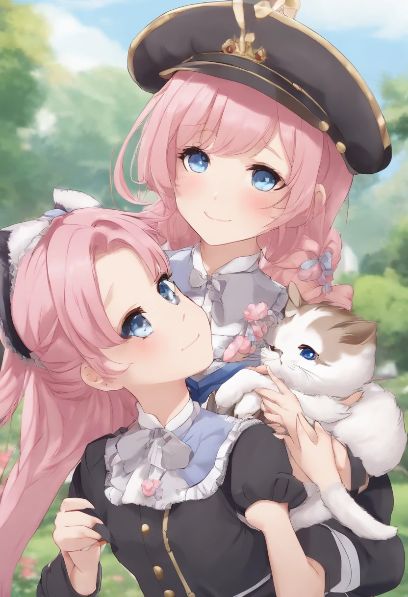 An anime character with pink hair and blue eyes is holding a baby, Twin-tailed, 2 d anime style, anime maids riding early tanks, 2 D Anime, Lori, in ryuuou no oshigoto art style, In live action, cel shaded anime, In a Japanese anime style, anime moe art style, anime cat girl in a maid costume