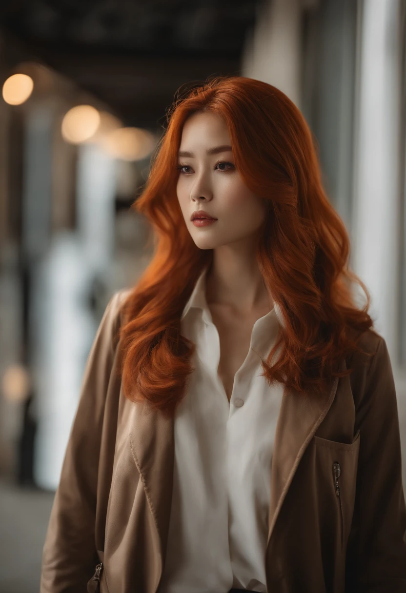 (master part:1.4), (best quality:1.2), Yoo Sangah, 1girl, camisa branca, jaqueta marrom, orange hair, parte superior do corpo