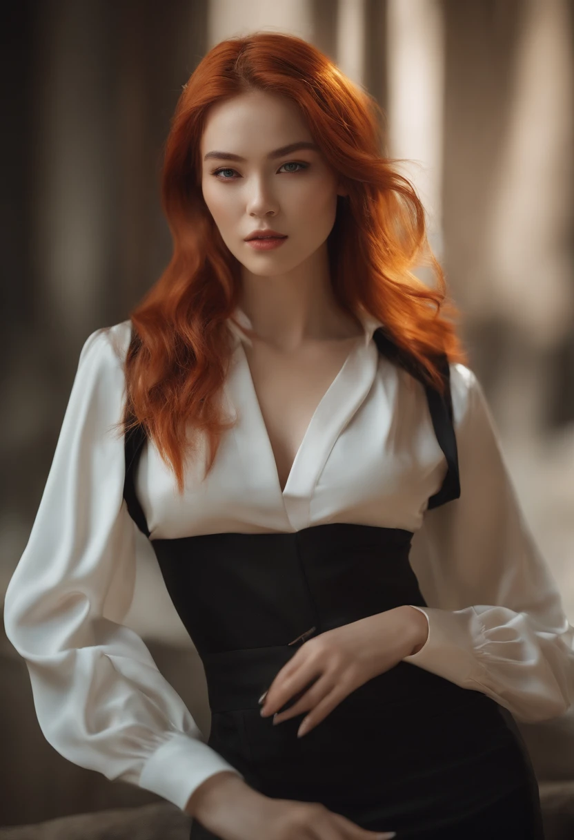 (master part:1.4), (best quality:1.2), Yoo Sangah, 1girl, camisa branca, jaqueta marrom, orange hair, parte superior do corpo