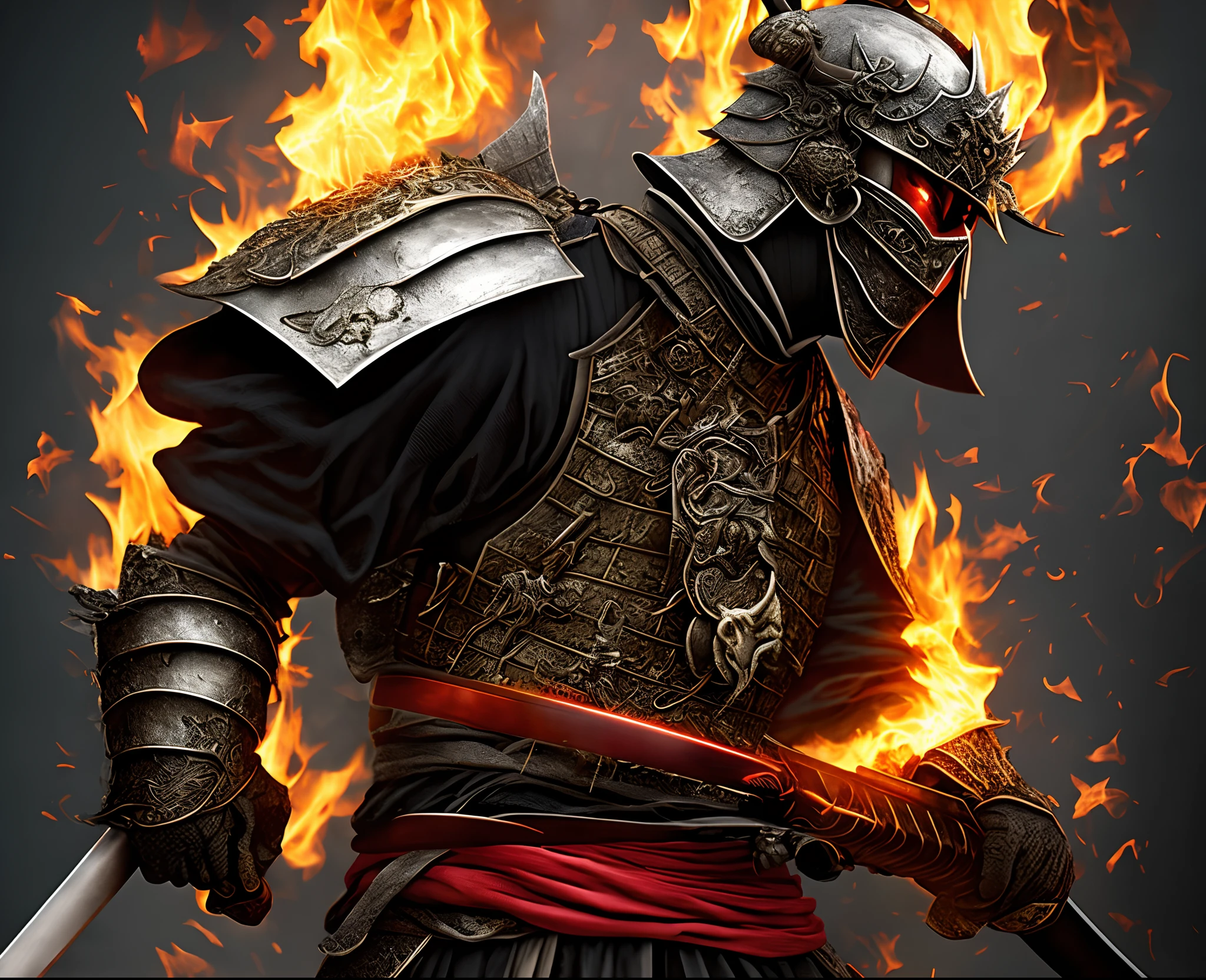 a samurai with red and black armor standing in black smoke with a burning katana in a realistic style