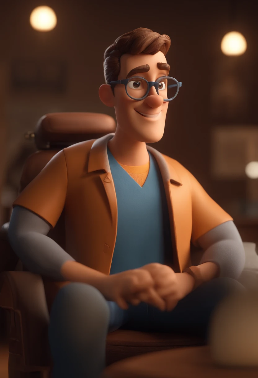 Cartoon character of a young man wearing round gray glasses and a blue shirt, de cabelo curto e castanho, um personagem animado, Caractere estilizado, animation style rendering, 3D estilizado, Arnold Maya render, 3 d render stylized, toon render keyshot, Personagem 3D, Personagem 3D, 3d rendering stylized, 3 d character render, personagem de desenho animado, Personagem de close up, Pose de personagem, (Estilo Pixar) (master part:1.2) (Bokeh) (best quality) (pele detalhada) (textura detalhada) (8k) (argila) (Cinematic lighting) (foco nítido,Sits and empties upper body in a dental office alone