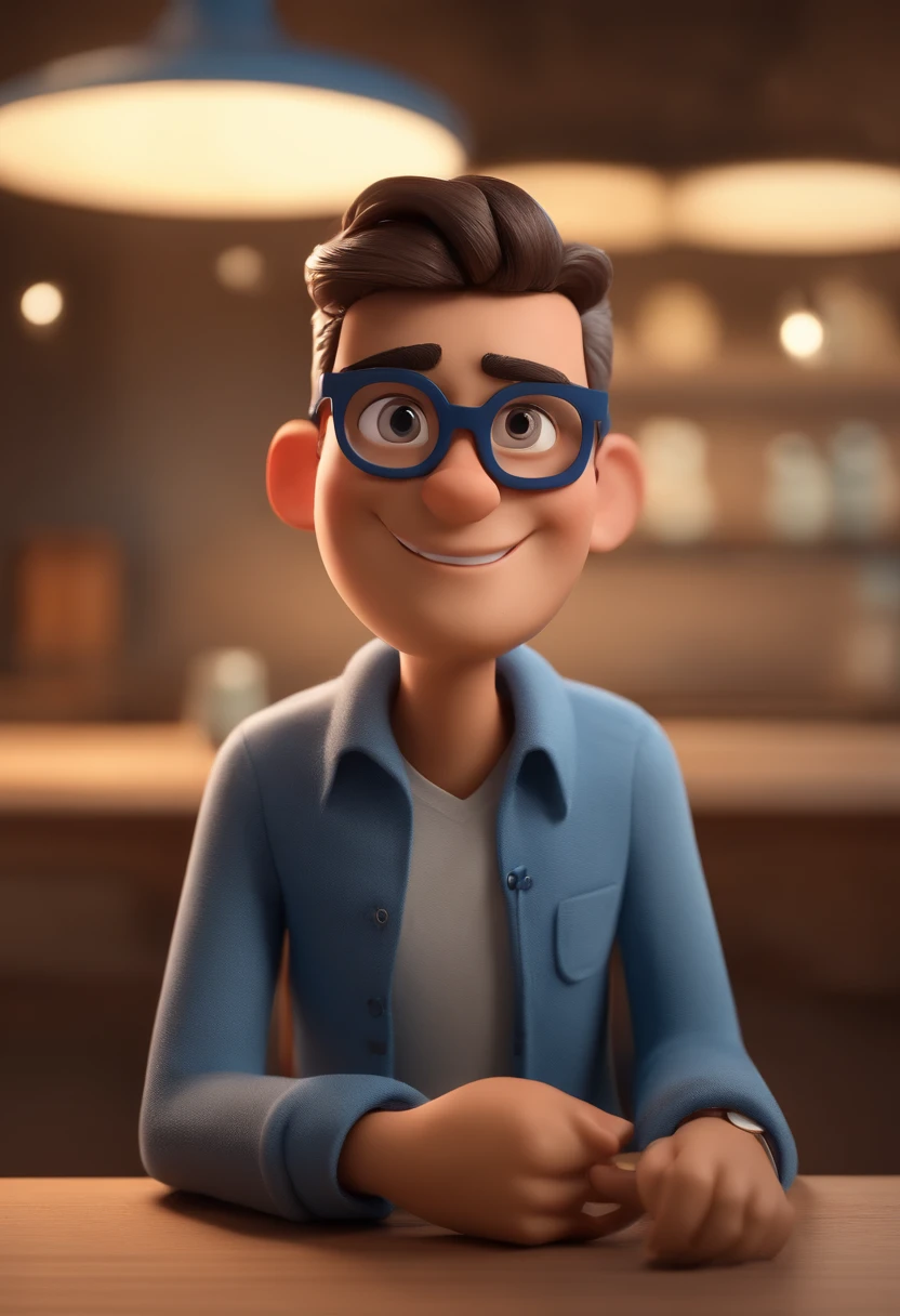 Cartoon character of a young man wearing round gray glasses and a blue shirt, de cabelo curto e castanho, um personagem animado, Caractere estilizado, animation style rendering, 3D estilizado, Arnold Maya render, 3 d render stylized, toon render keyshot, Personagem 3D, Personagem 3D, 3d rendering stylized, 3 d character render, personagem de desenho animado, Personagem de close up, Pose de personagem, (Estilo Pixar) (master part:1.2) (Bokeh) (best quality) (pele detalhada) (textura detalhada) (8k) (argila) (Cinematic lighting) (foco nítido,Sits and empties upper body in a dental office alone