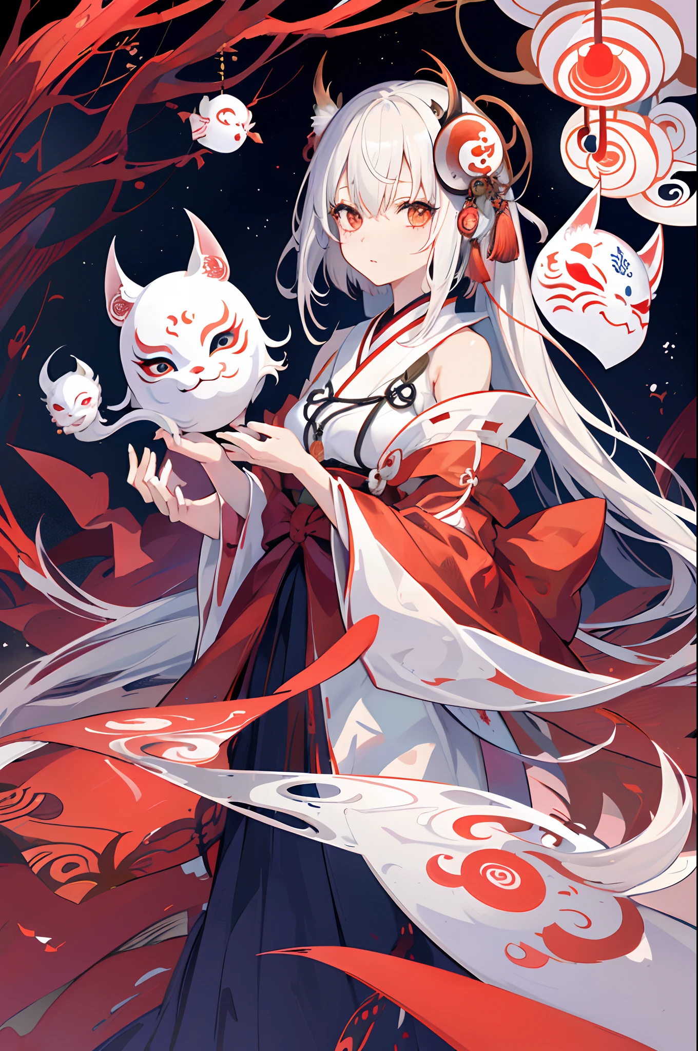 (masutepiece, of the highest quality, Best Quality, official arts, Beautiful and aesthetic:1.2), (1girl in:1.3), (s fractal art:1.3),bill、Ghost fire、mononoke、Hakama、youkai、Daoism、Yin Yang Dao、astrology、curse、White Fox Mask、Okame's Mask、Hannya's Mask、occult