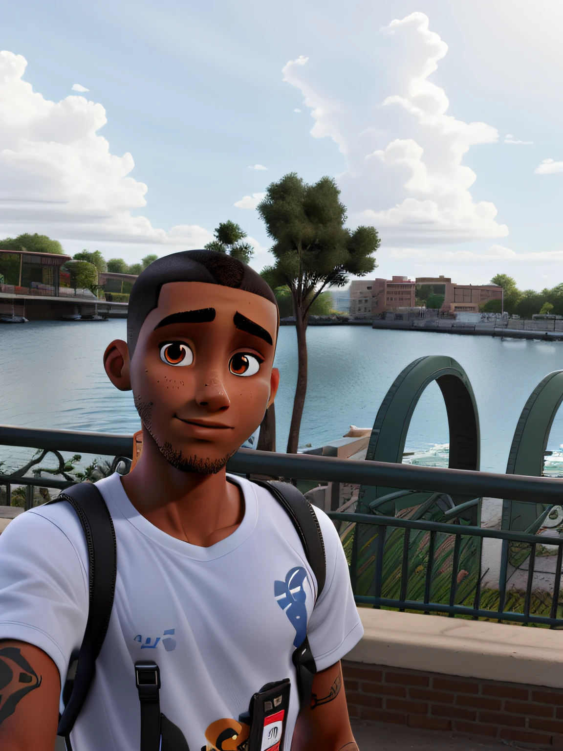 A brown skinny man, black hair, shaved head, no tatoo, no beard