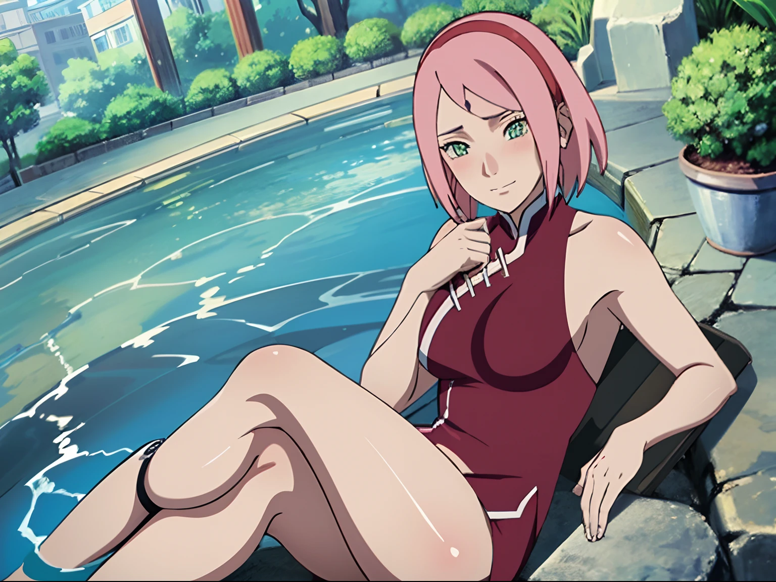 tmasterpiece, hoang lap , (Complicated details),(rich colourful), 电影灯光, the Extremely Detailed CG Unity 8K Wallpapers , Sakura Haruno, 1girll, 独奏,(swimmingpool,outside,Conservative suit,Sit in the swimming ring,Leaky legs),((perspire,Be red in the face,Blush:1.5)),Particularly heavy blush,Bigboobs,