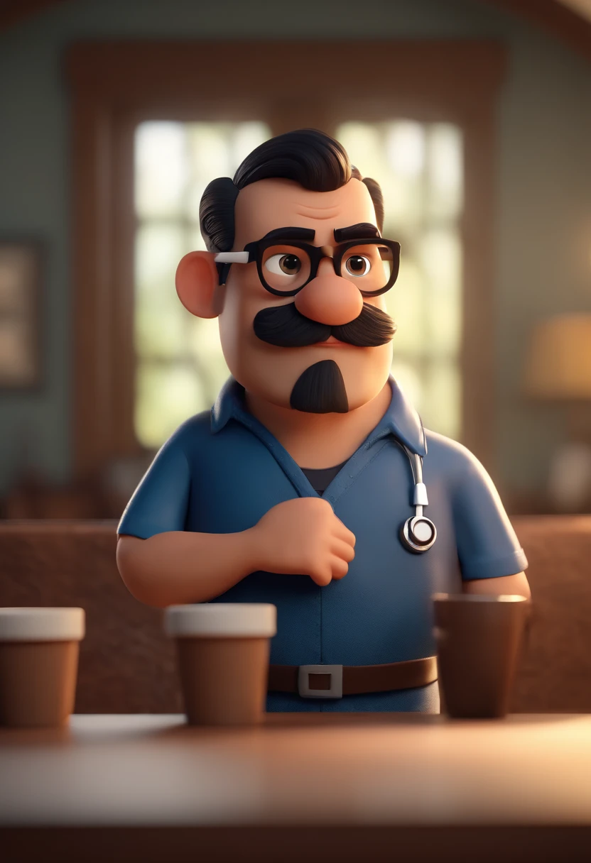 Cartoon character of a man wearing black glasses and a blue shirt, um personagem animado, Caractere estilizado, animation style rendering, 3D estilizado, Arnold Maya render, 3 d render stylized, toon render keyshot, Personagem 3D, Personagem 3D, 3d rendering stylized, 3 d character render, personagem de desenho animado, Personagem de close up, Pose de personagem, (Estilo Pixar) (master part:1.2) (Bokeh) (best quality) (pele detalhada) (textura detalhada) (8k) (argila) (Cinematic lighting) (foco nítido，Sits and empties upper body in an ENT doctor's office with a beard and mustache