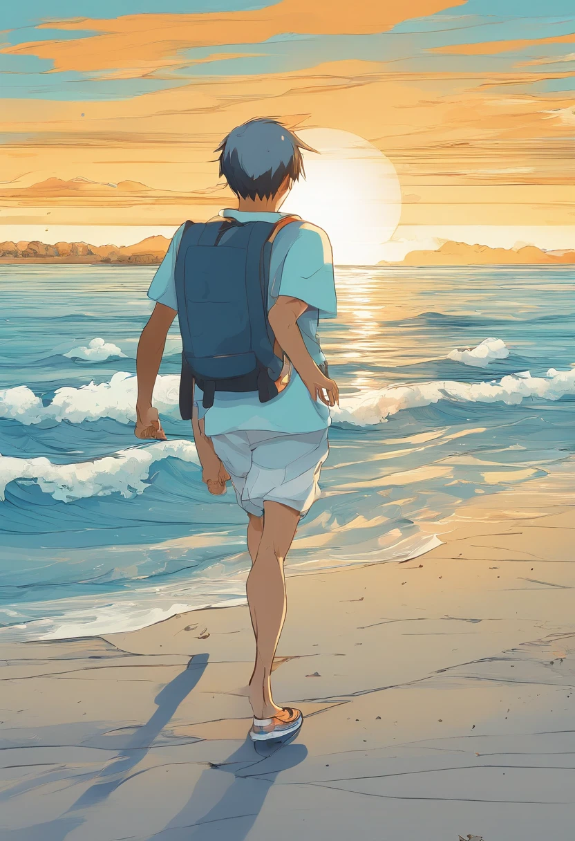 Desenhe um jovem negro sem cabelos, corredor competindo em uma praia . He's running around in a pair of light blue sneakers, short preto e camisa branca, Surrounded by several admirers. The dramatic lighting of the sunny day reflecting on the sea, casting deep shadows on the costume. O jovem parece confiante e determinado, Looking forward with admiration and respect, sem barba e careca