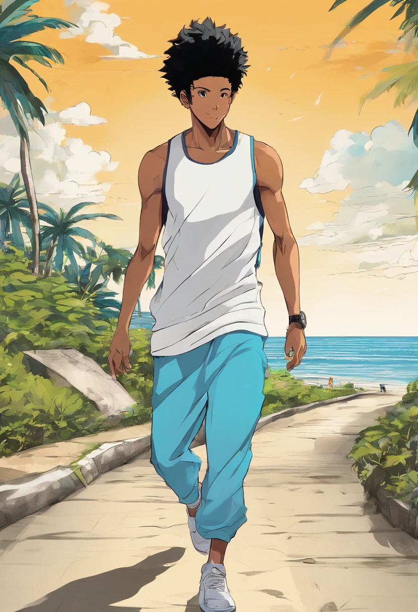 Desenhe um jovem negro sem cabelos, corredor competindo em uma praia . He's running around in a pair of light blue sneakers, short preto e camisa branca, Surrounded by several admirers. The dramatic lighting of the sunny day reflecting on the sea, casting deep shadows on the costume. O jovem parece confiante e determinado, Looking forward with admiration and respect, sem barba e careca