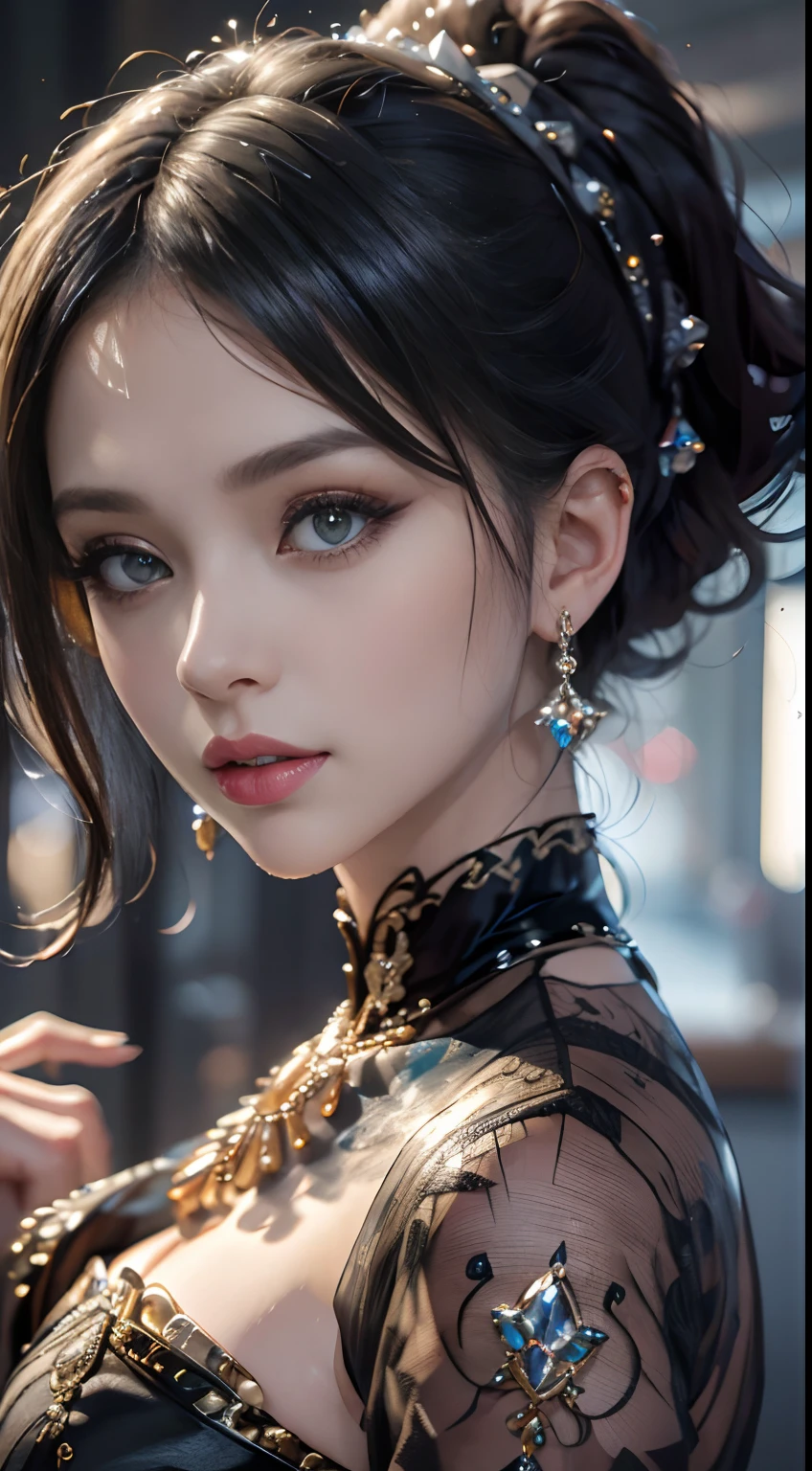 best quality, masterpiece, ultra high res, (photorealistic:1.4), 1girl, Off-the-shoulder low-cut shirt, ((traditional chinese dress:1)), black choker, (faded ash gray hair:1), (huge breasts:1.2), looking at viewer, close up, from below:1.3, little smile,