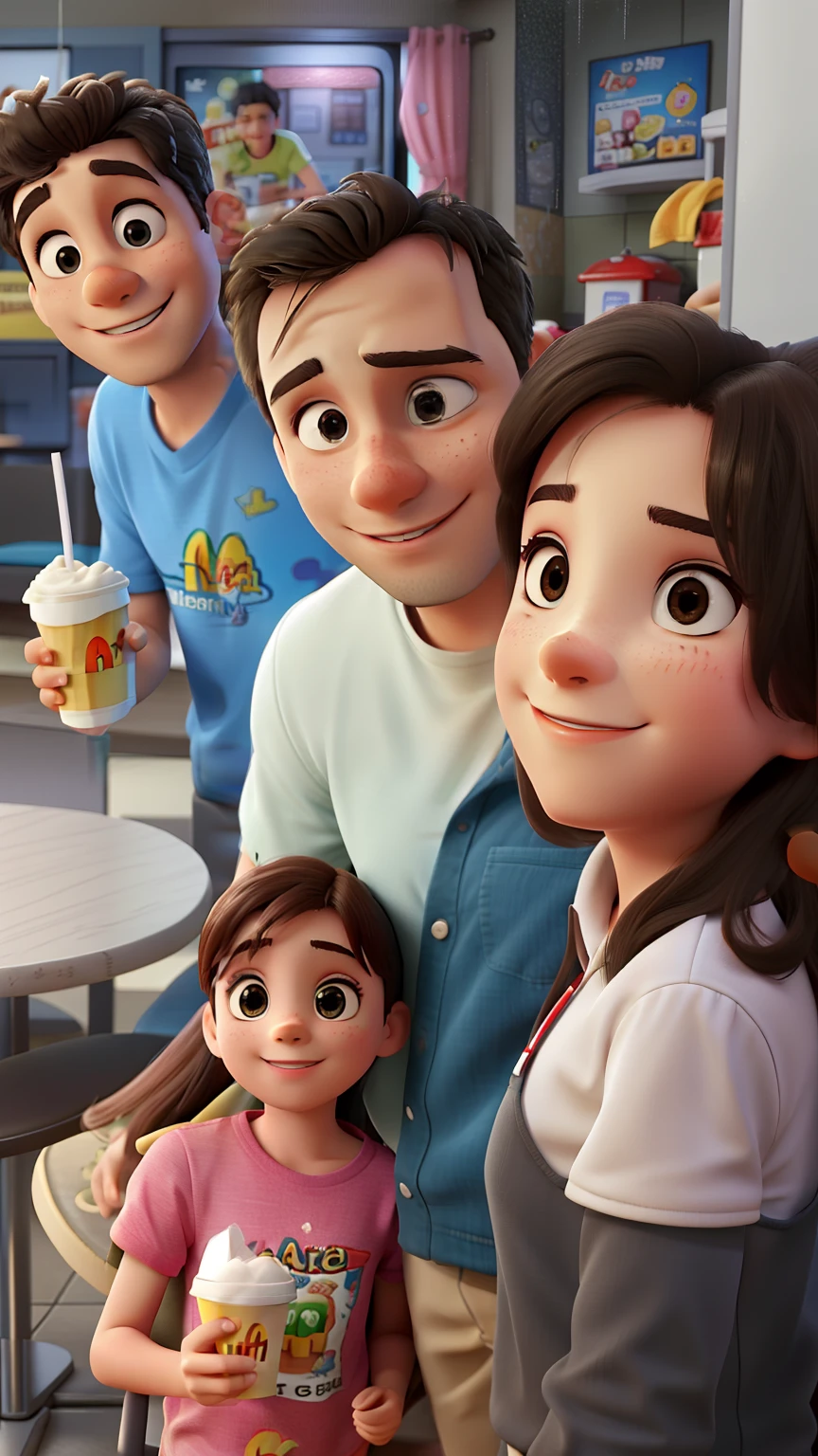 Casal com seu filho de 17 anos e sua filha de 5 anos, no McDonald's, Happy on a rainy Saturday night