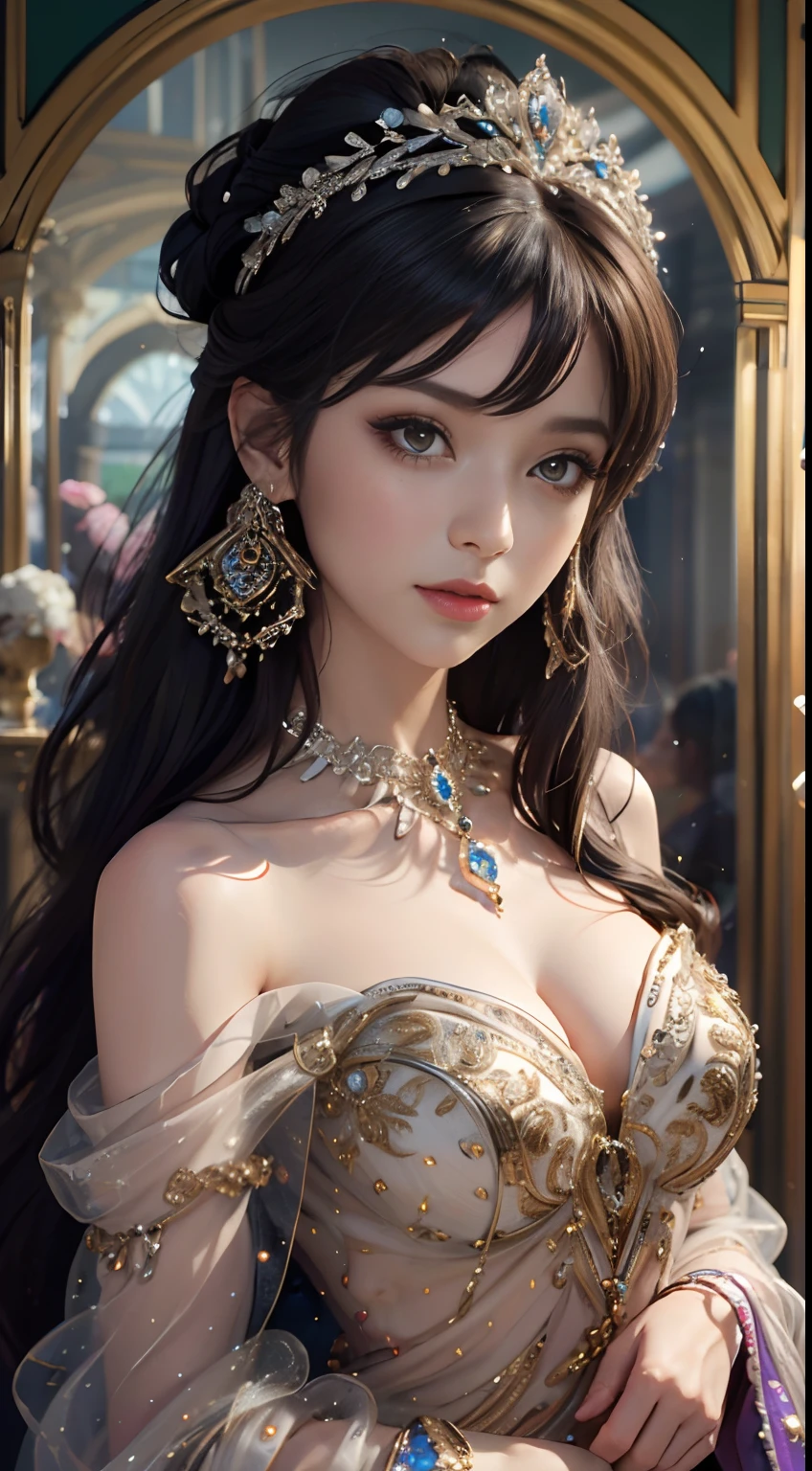 tmasterpiece,Highest image quality,Beautiful bust of a royal lady,Delicate black hairstyle,Amber eyes are clear,Embellished with a dazzling array of intricate jewelry,super detailing,upscaled。