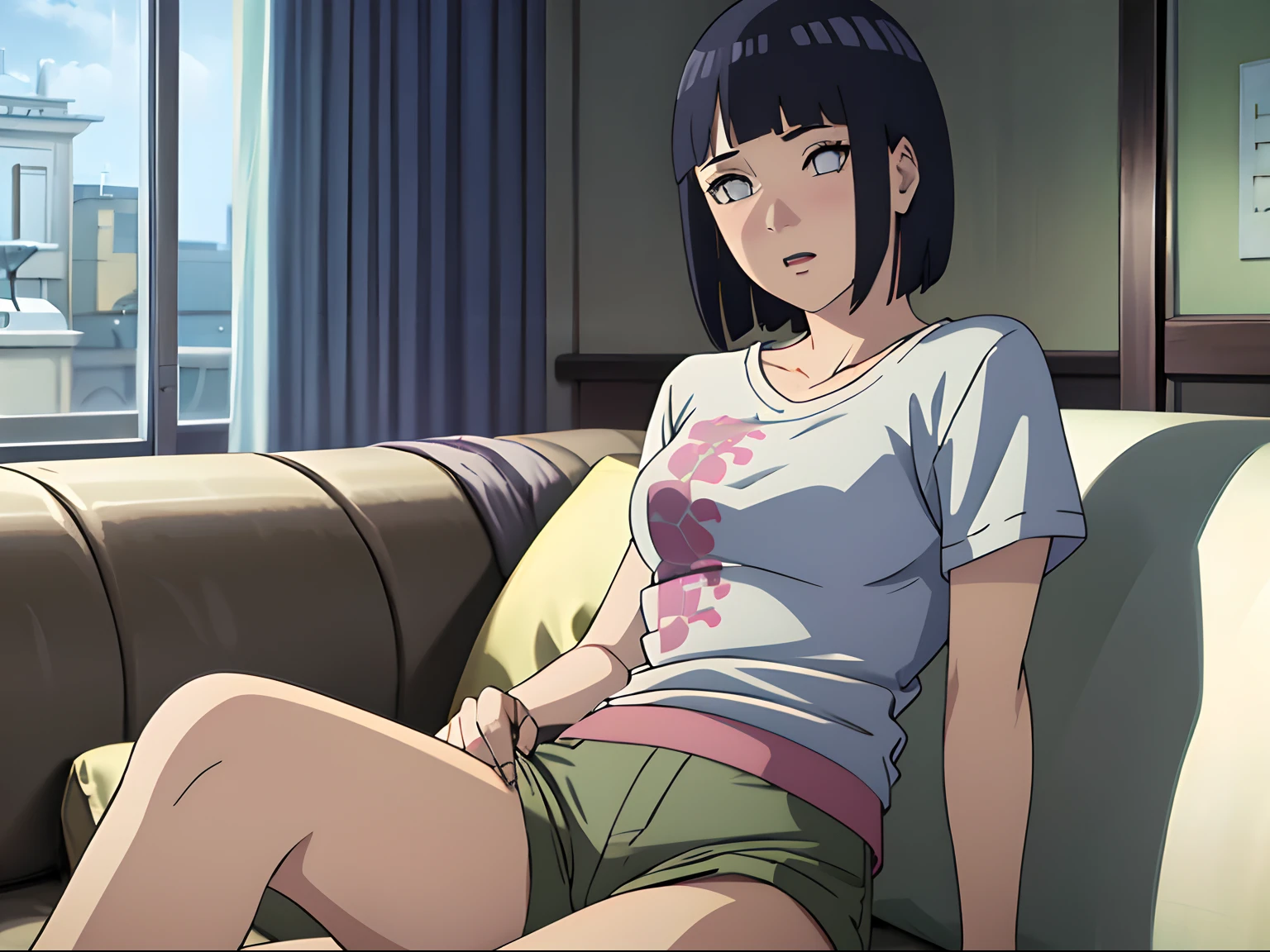 1girll,独奏,Sit on the sofa in the room,Sitting on the sofa, Sitting on the bed, posing in the bedroom,Be red in the face,Blush:1.5
